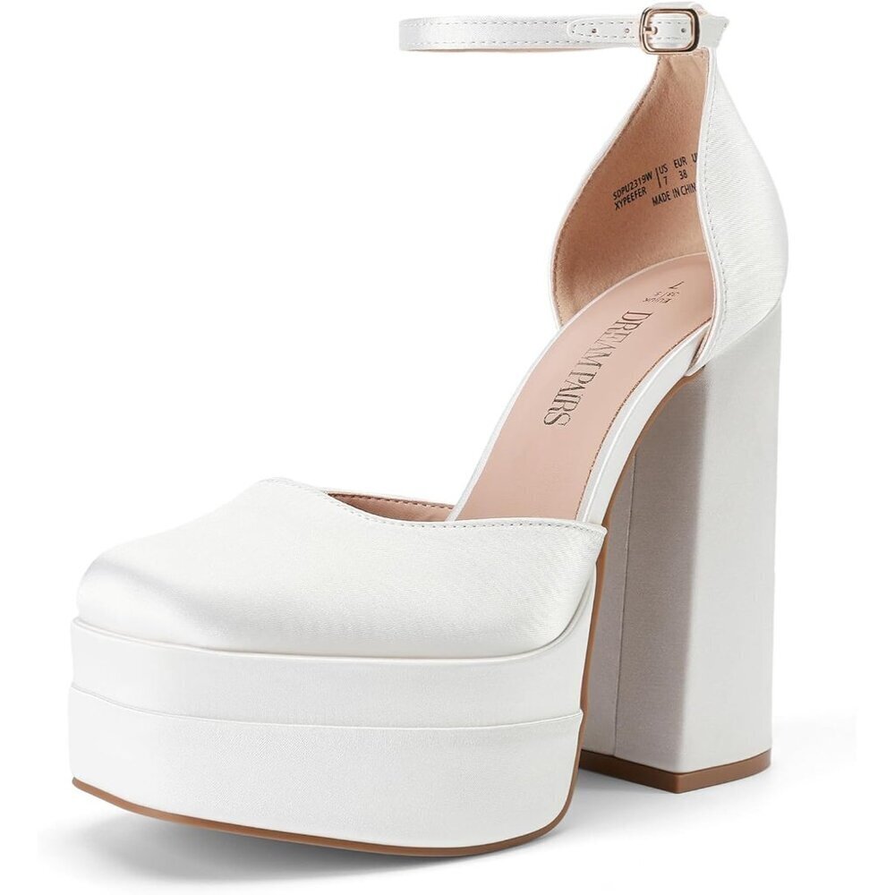 Dream Pairs Women White-satin Faux Leather Closed Toe Chunky High Heels Platform